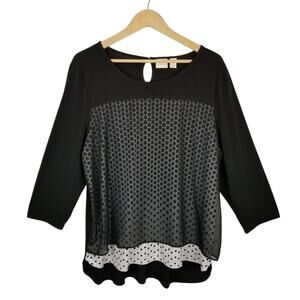 Chico's Women's Black White Polka Dot Stretch Knit Long Sleeve Top Size XL